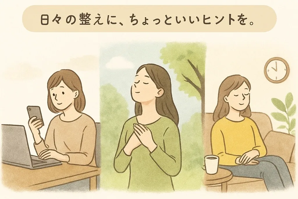 スマホや仕事中の緊張から、自然の中で深呼吸、そしてくつろぎへ——自律神経を整える日常のヒント