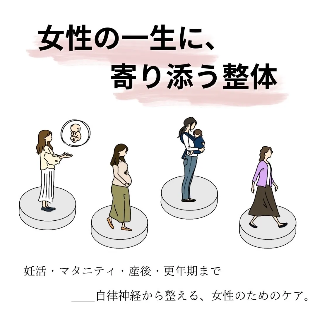 女性の一生(妊活・妊娠・産後・更年期)を通して寄り添う自律神経ケア整体のイラスト
